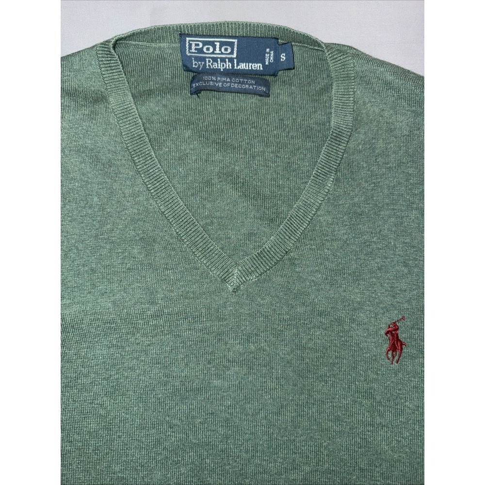 Polo Ralph Lauren Sweater Mens Size Small Heather Green Pima Cotton V-Neck Pony